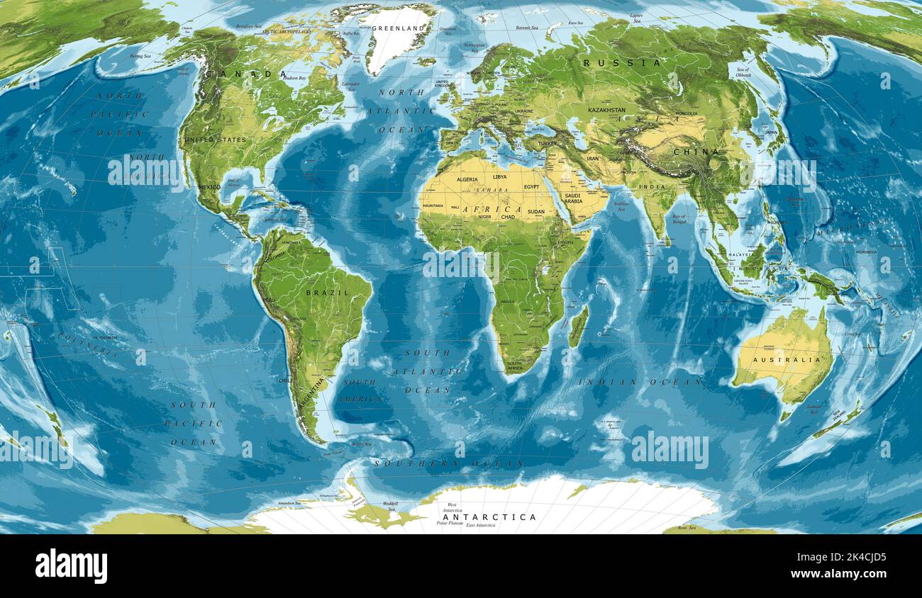 Detailed physical world map Winkel-Tripel projection Stock Photo - Alamy