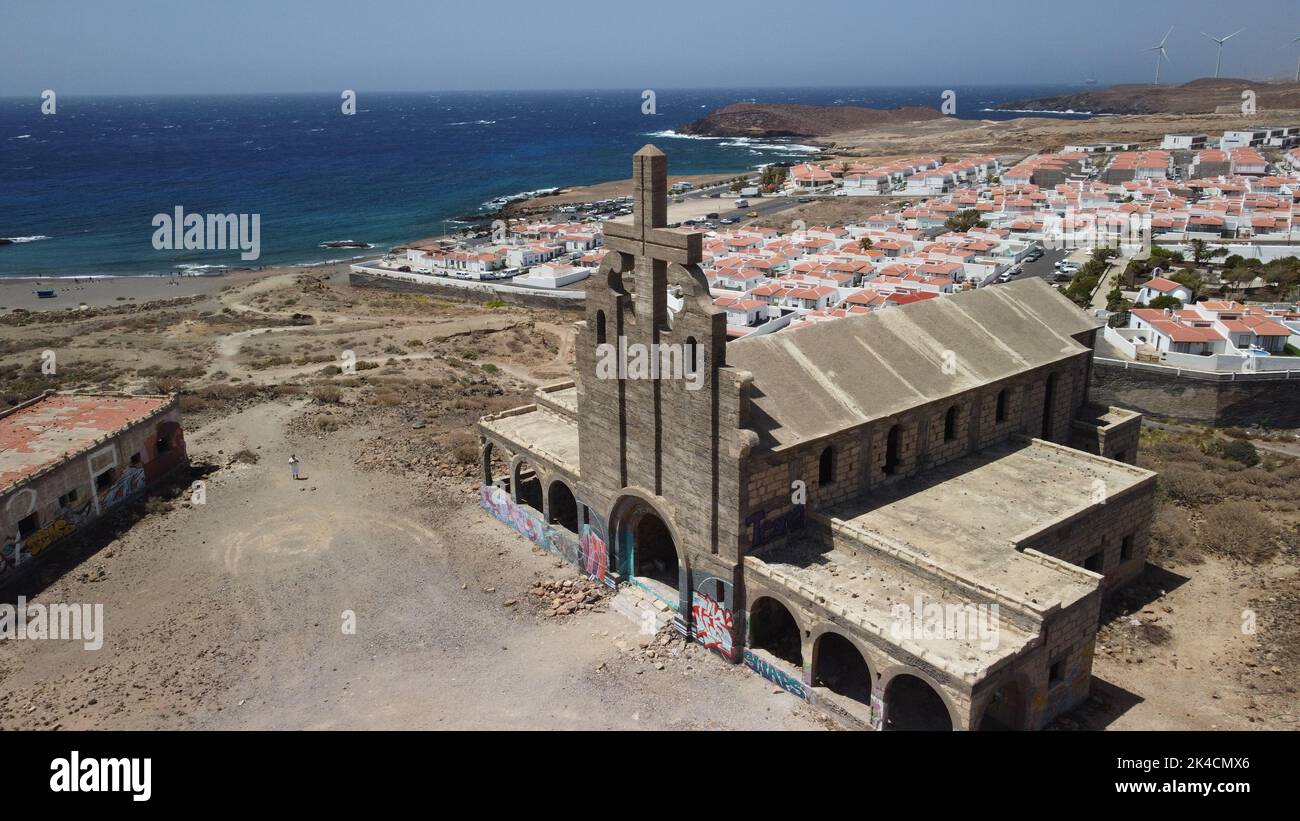 An aerial view of a cathedral in the lost place Abades in Tenerife, Spain Stock Photo