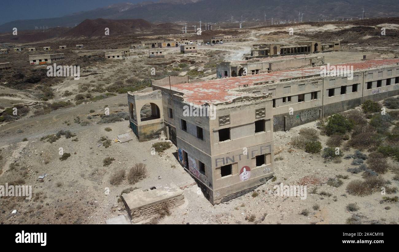 An aerial view of a ruined building in the lost place Abades in Tenerife, Spain Stock Photo