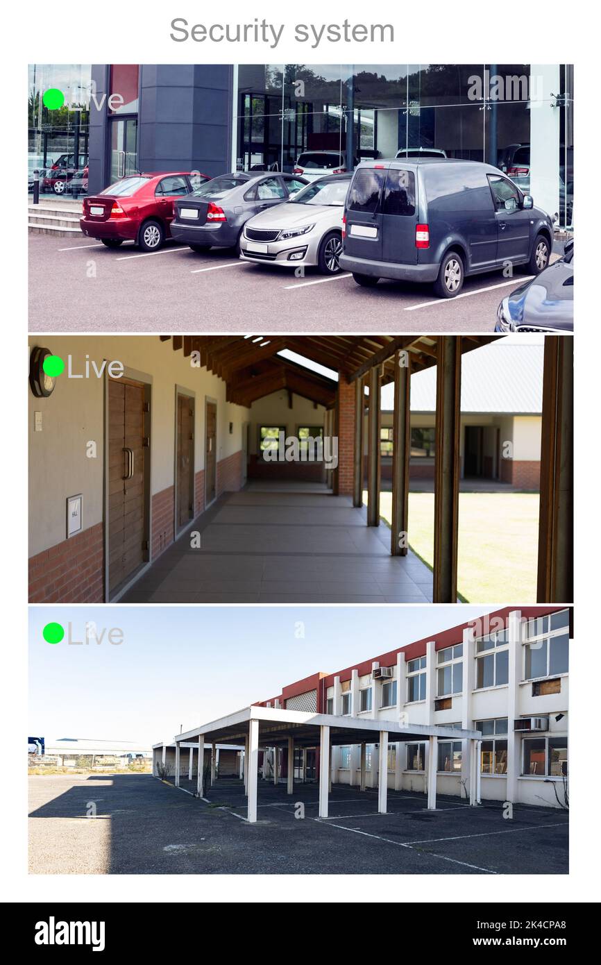 Composition of three security camera screens with live text digital