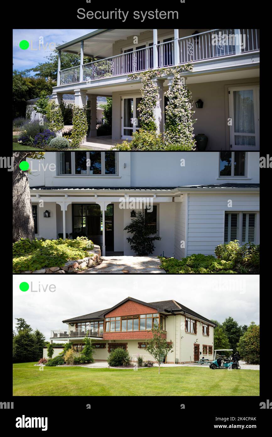Composition of three security camera screens with houses and gardens ...