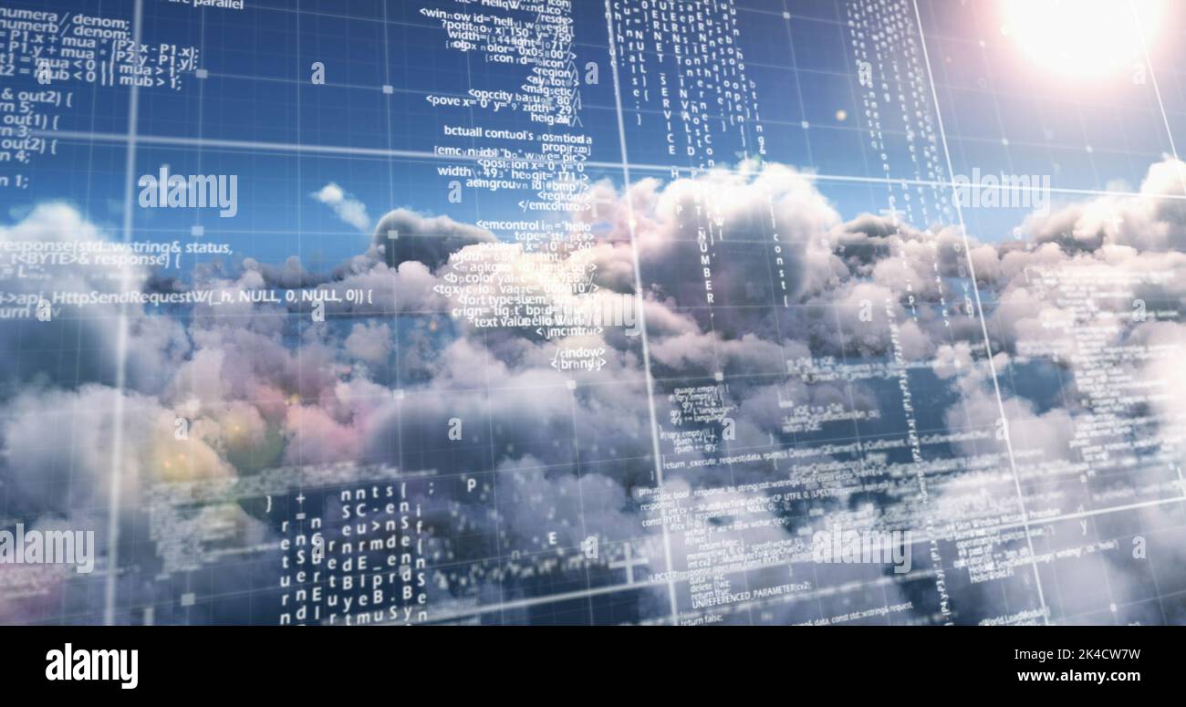 Data processing over grid lines against clouds in blue sky. online ...