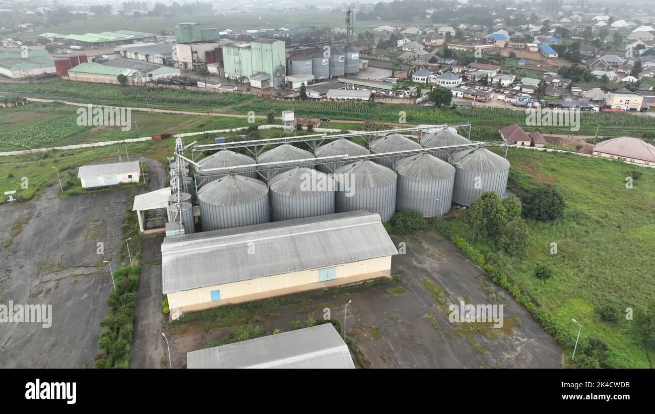 An aerial city view of Grand Cereals in Jos, Nigeria from high above