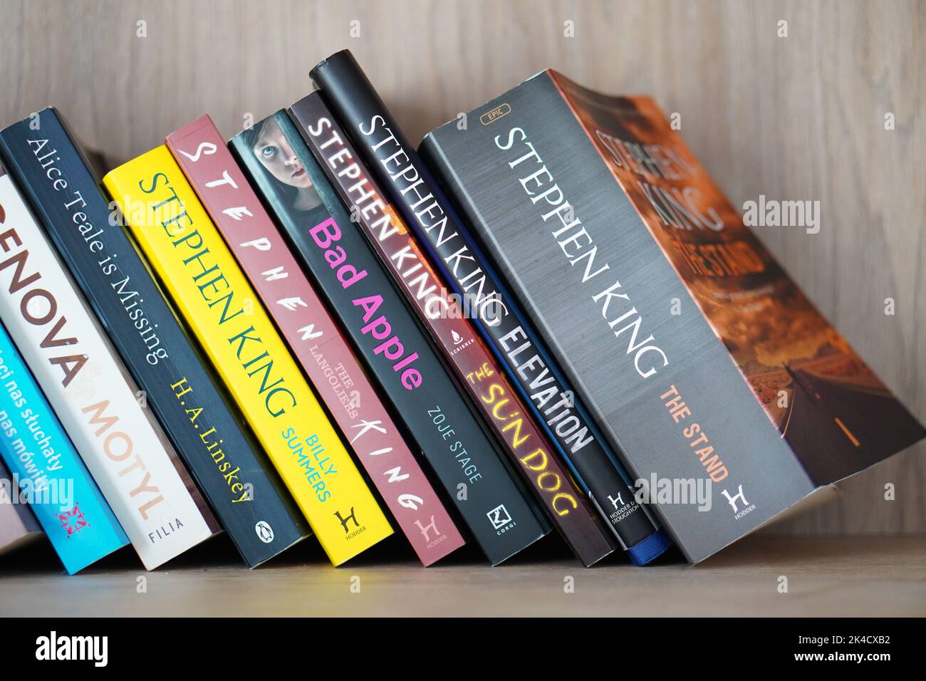 A row of books including the Stephen King novels on a shelf Stock Photo