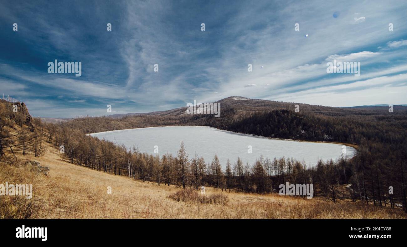 An aerial view of a small lake under a blue sky Stock Photo - Alamy