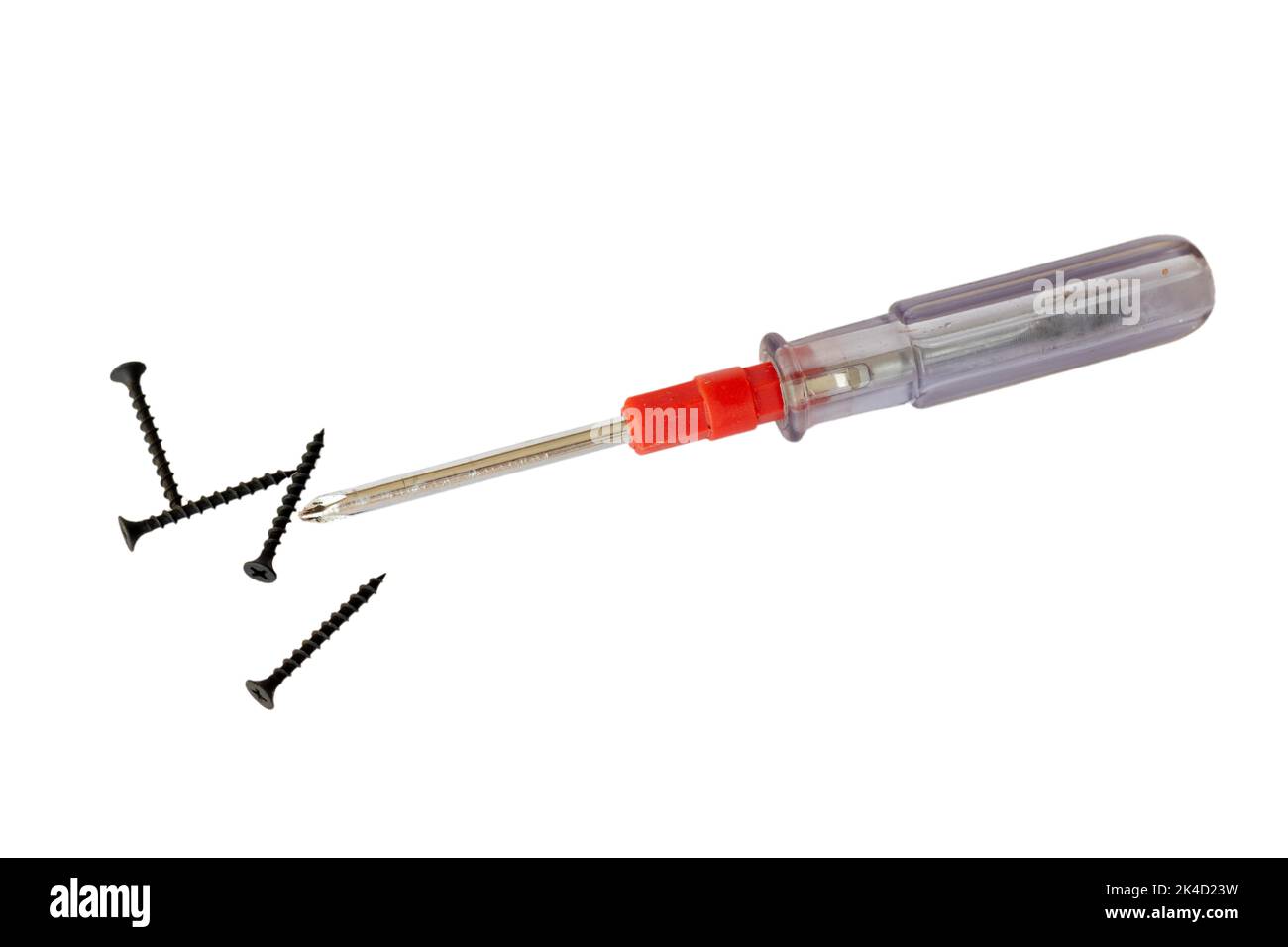 Screwdriver with black screw on white isolated background Stock Photo