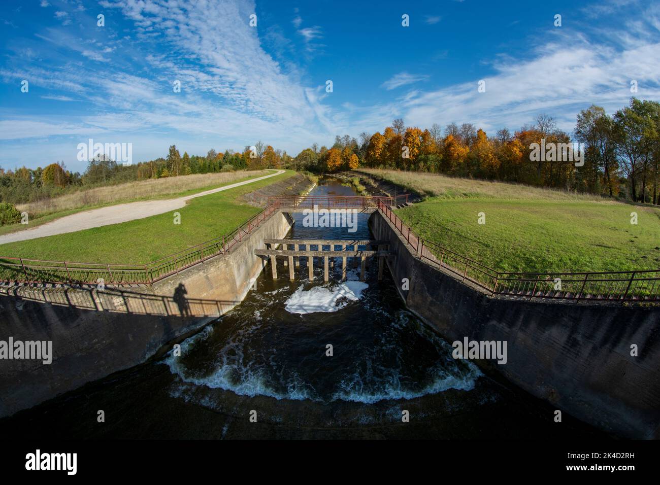 Lake river dam in autumn, Lithuania, fisheye view Stock Photo