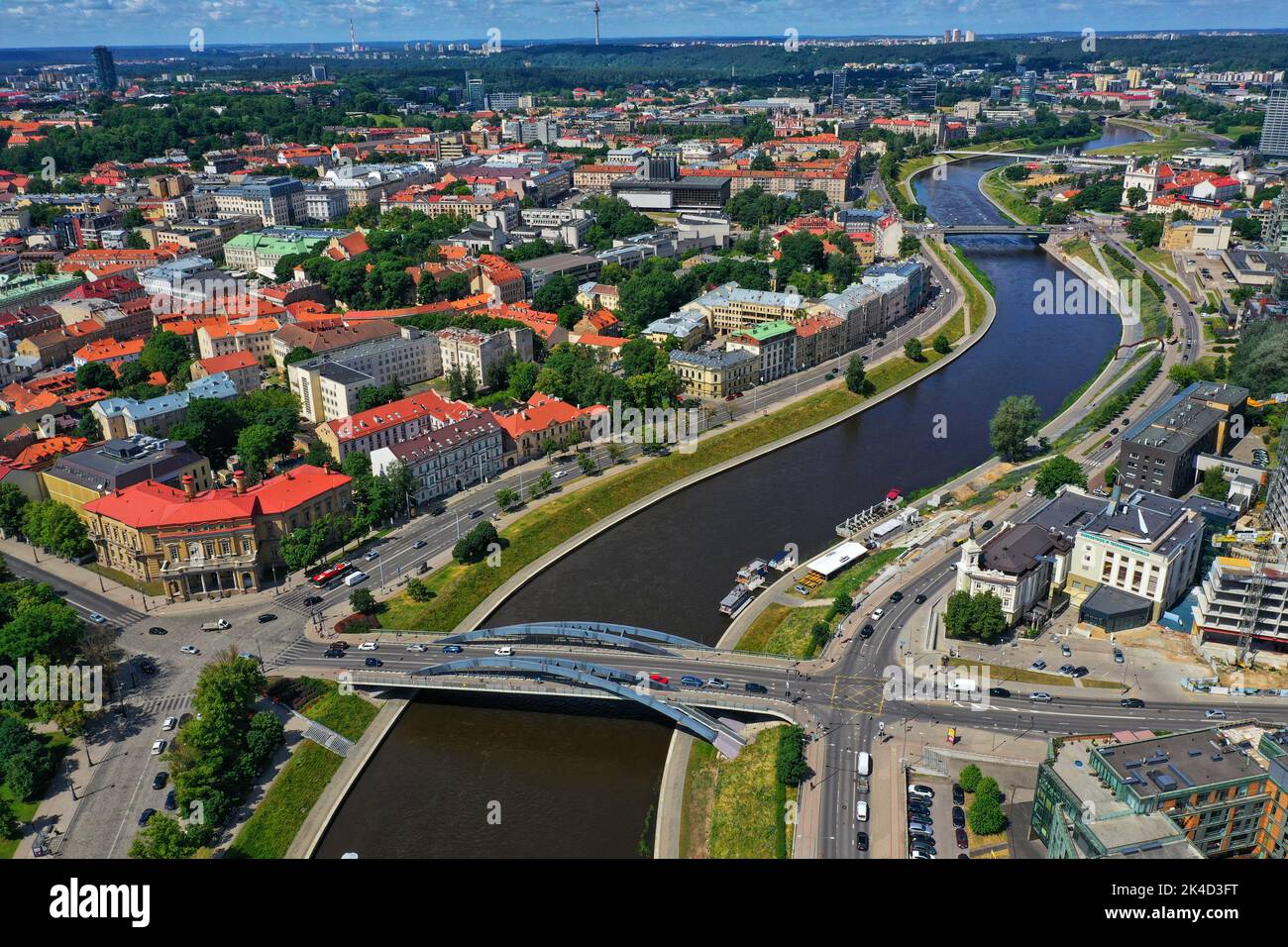 Neris river and Mindaugas bridge in Vilnius, Lithuania, aerial view Stock Photo