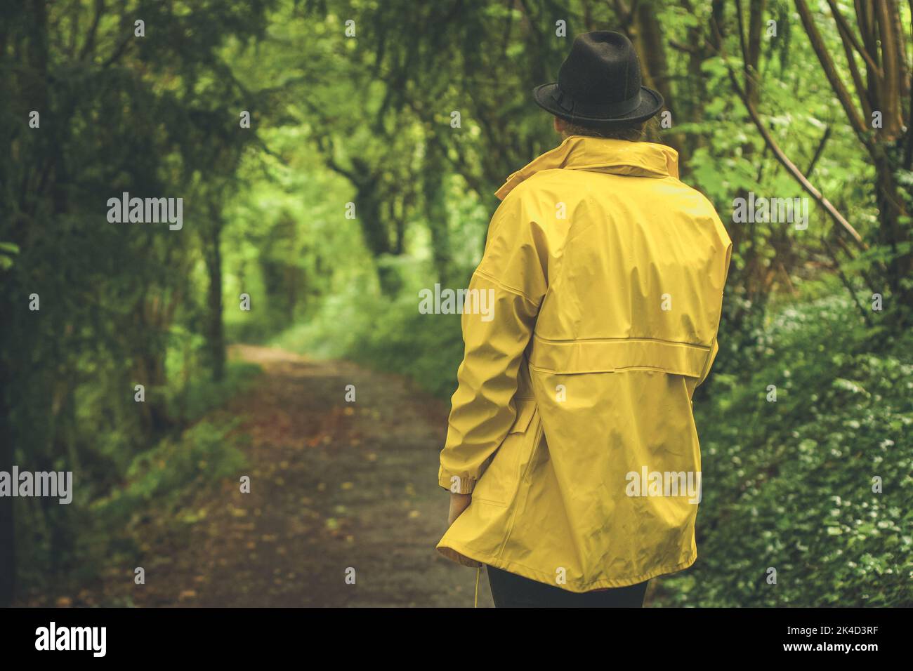 A man in a yellow coat and black hat looking at a pathway through a forest Stock Photo