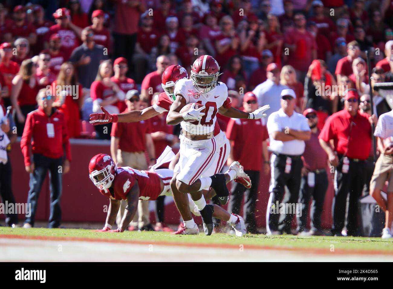 October 1, 2022: JoJo Earl #10 Alabama receiver comes up the field with the ball. Alabama defeated Arkansas 49-26 in Fayetteville, AR, Richey Miller/CSM Stock Photo