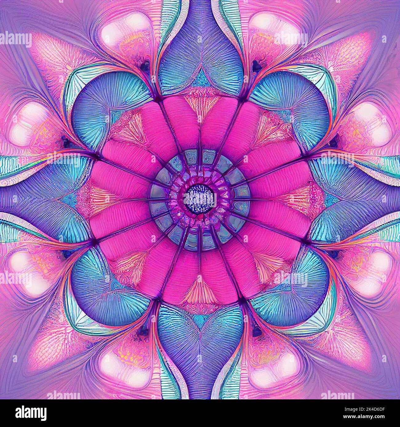 Seamless symmetrical fractal textile pattern, pastel mandala, tile, 3D
