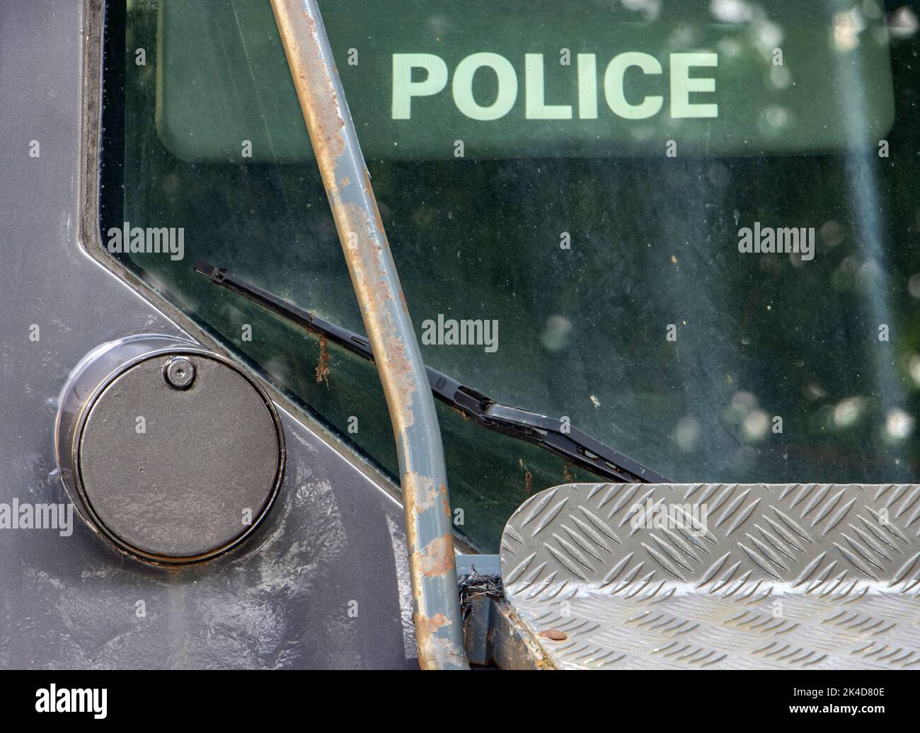 Police armored vehicle with loophole. Stock Photo