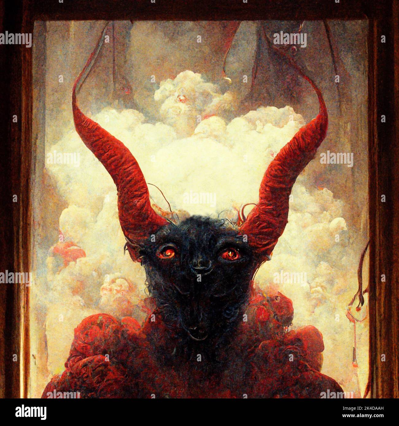 Animal at heaven with scary eyes and large horns face of a demon with