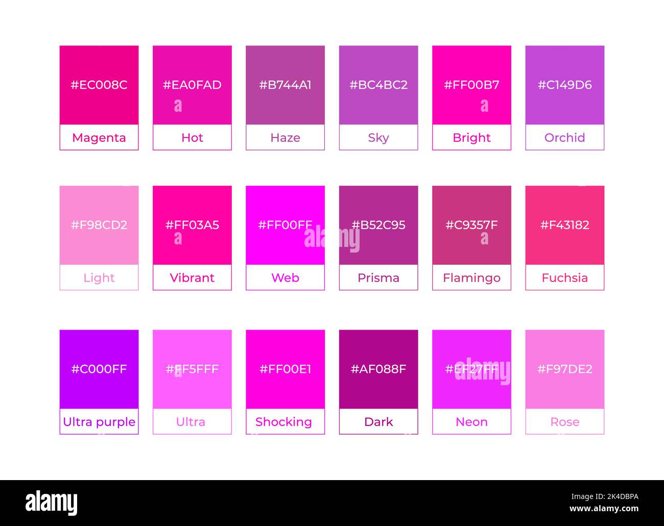 Magenta Color Palette Chart with Color Names and Hex Codes Stock Vector