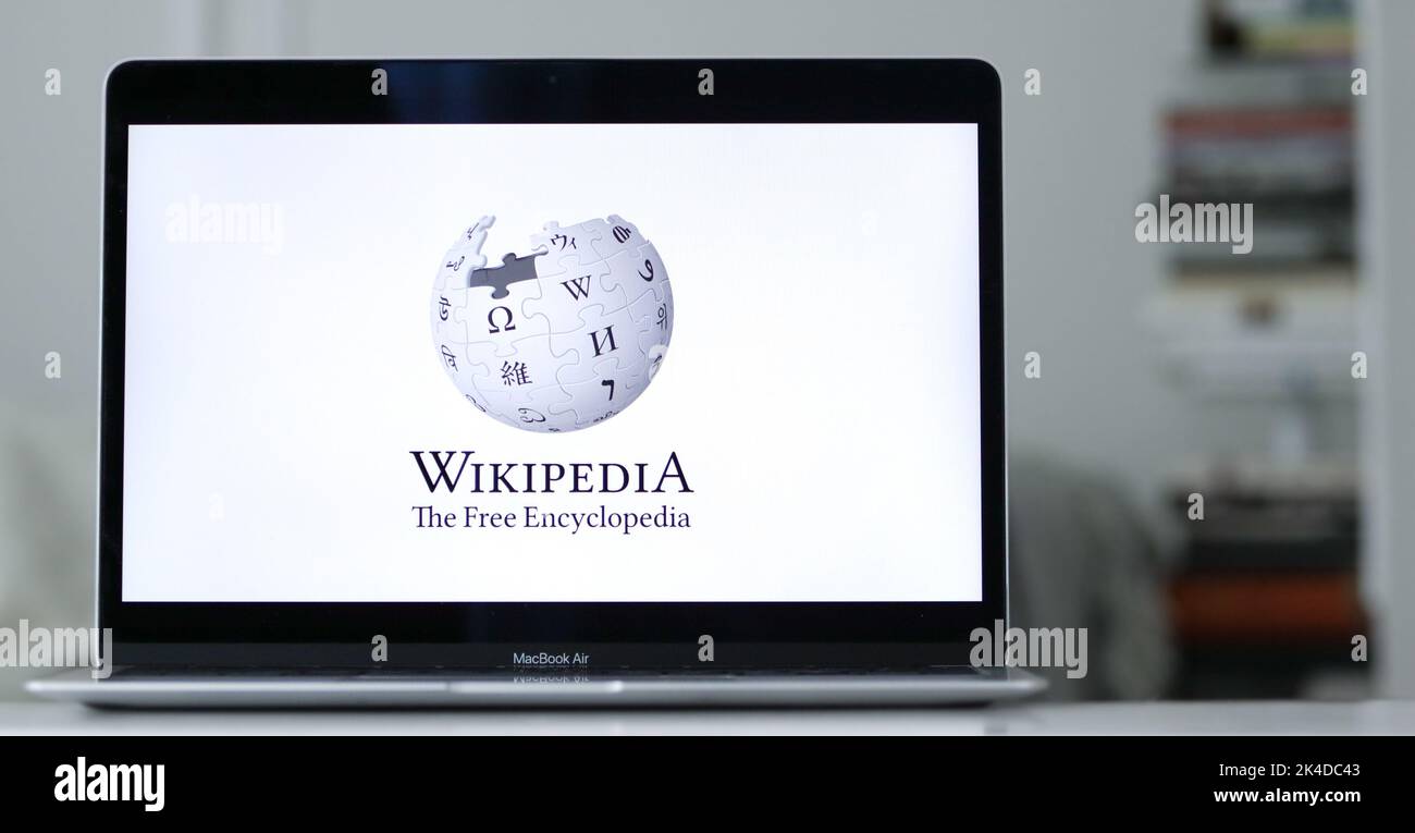 The logo of Wikipedia, a non-profit online free encyclopedia website, is displayed on a laptop screen in New York. Stock Photo