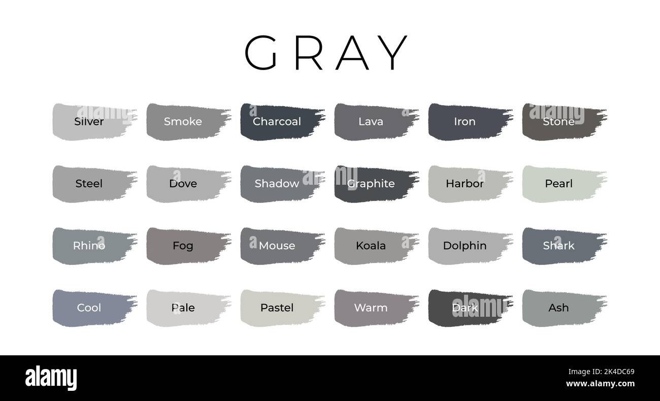 Gray Paint Color Swatches with Shade Names on Brush Strokes Stock