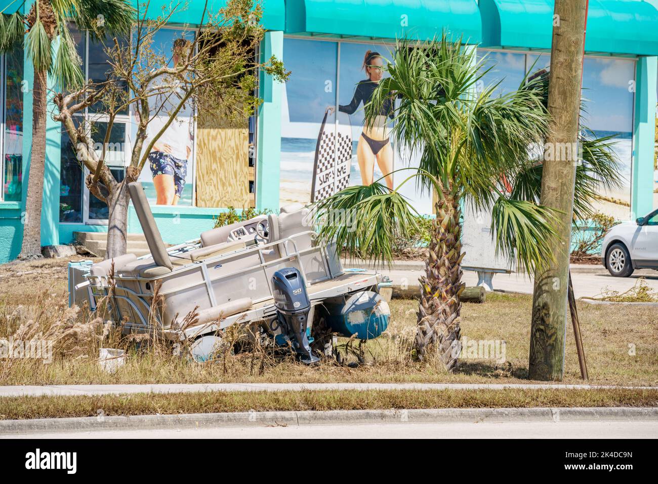 Fort Myers, FL, USA October 1, 2022 Pontoon boat laying on the