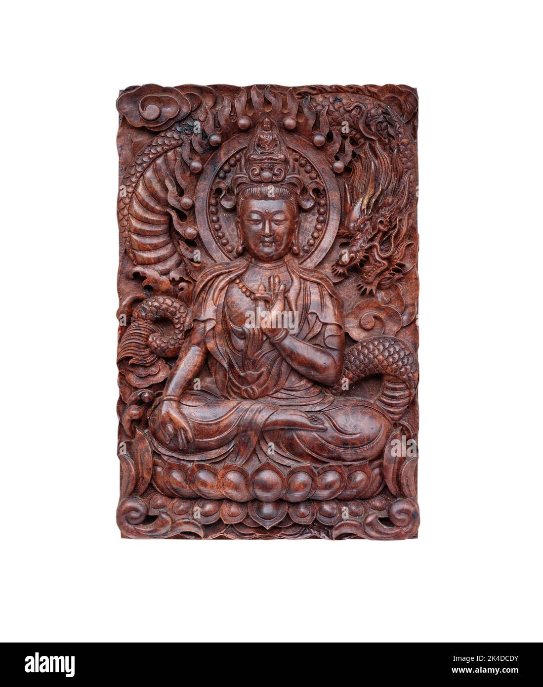 Bangkok, Thailand - Sep 29, 2022 : Hand carved teak wood of Guan Yin Bodhisattva or Quan yin buddha (Goddess of mercy) isolated on white background wi Stock Photo