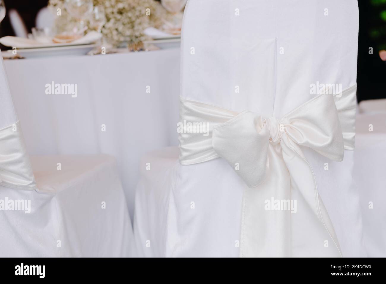 Chair cover with white ribbon tied with a bow at a wedding Stock Photo