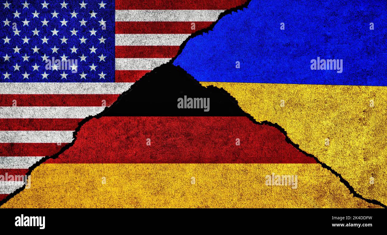 USA, Germany and Ukraine flag together. Diplomatic relations between Germany, Ukraine and United States of America Stock Photo