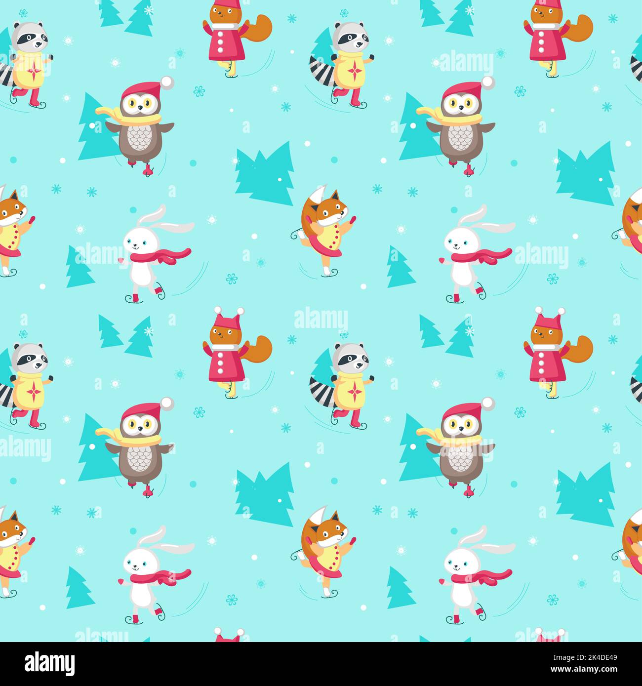 Vector seamless pattern with cute ice skating animals Stock Vector