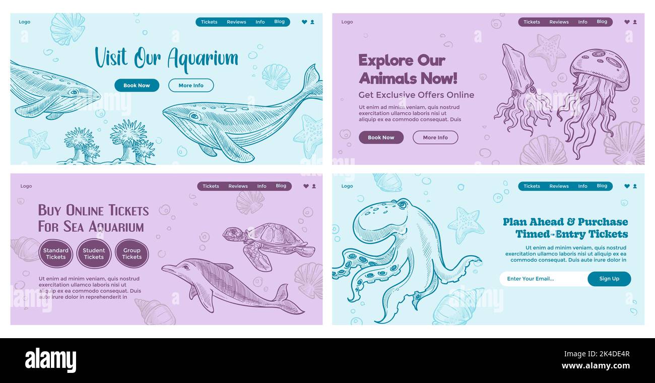 Sea aquarium promotion at web banner set design Stock Vector