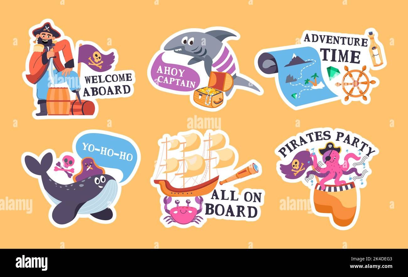 Sticker design set with pirates party elements Stock Vector