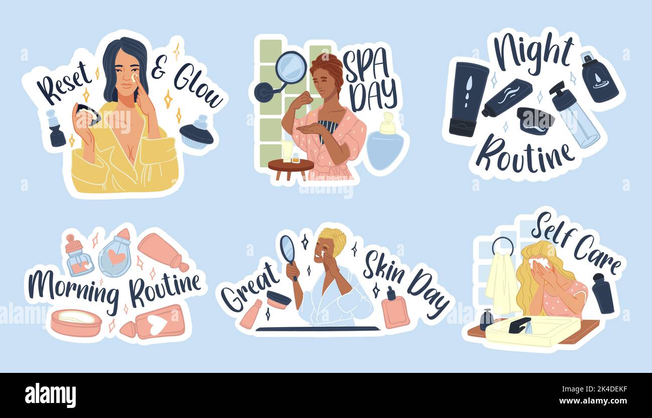 Sticker design set with woman skincare element Stock Vector