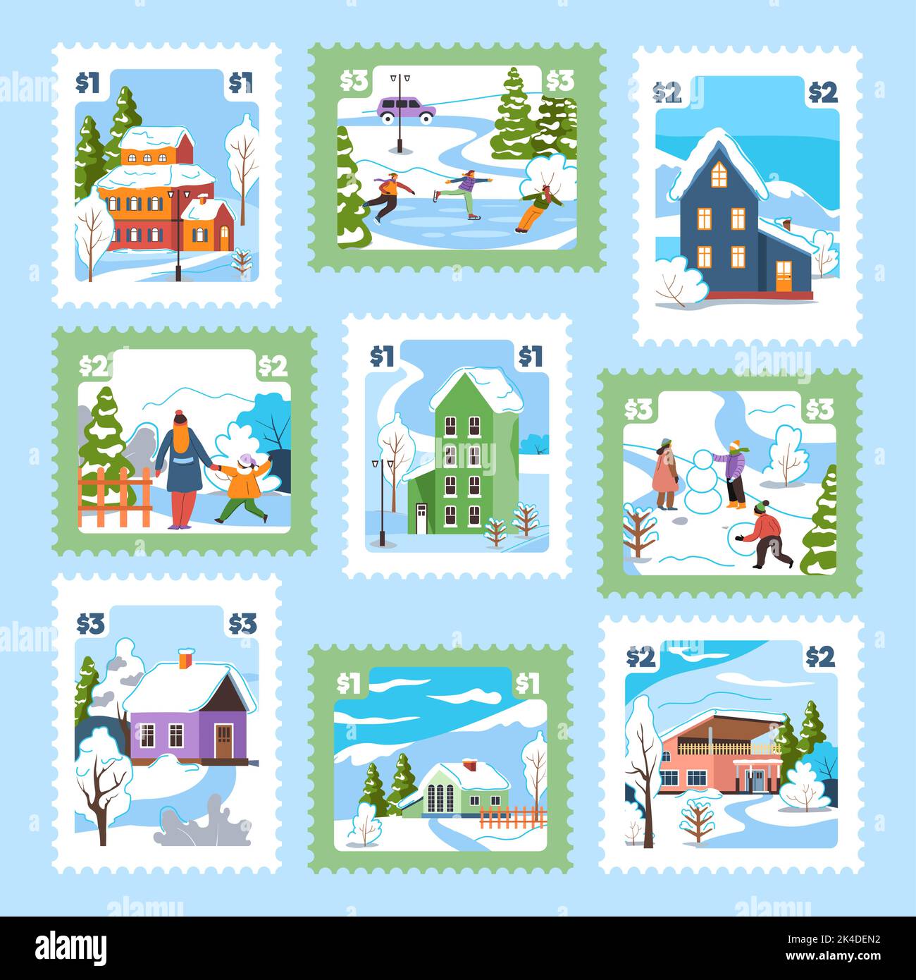 Colorful stamp set with winter landscape, houses Stock Vector