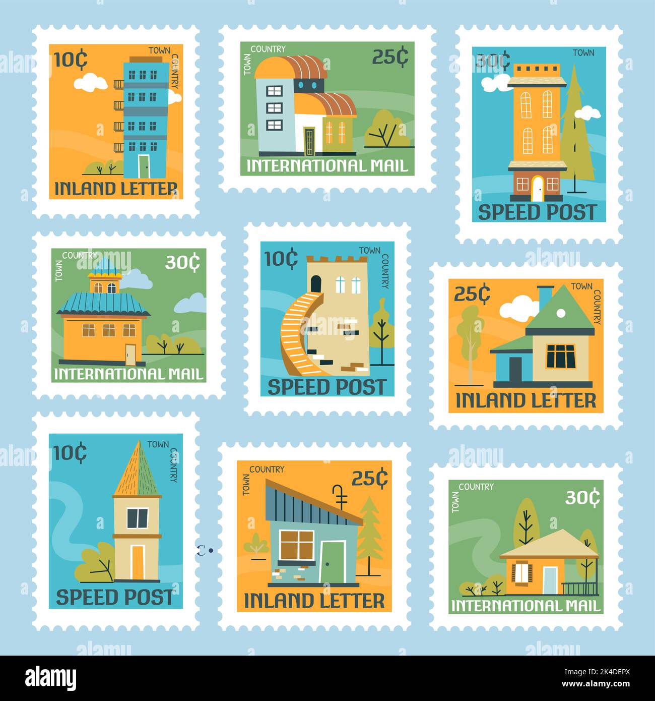 Colorful postage stamp set with house building Stock Vector