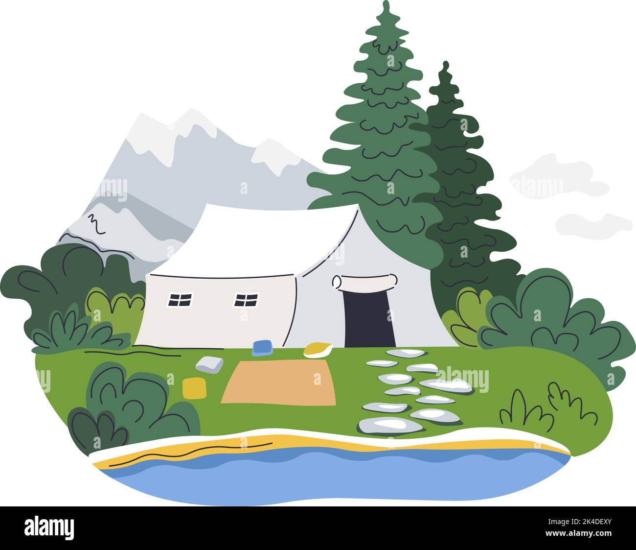 Eco resort or camping spot, tent by lake or river Stock Vector