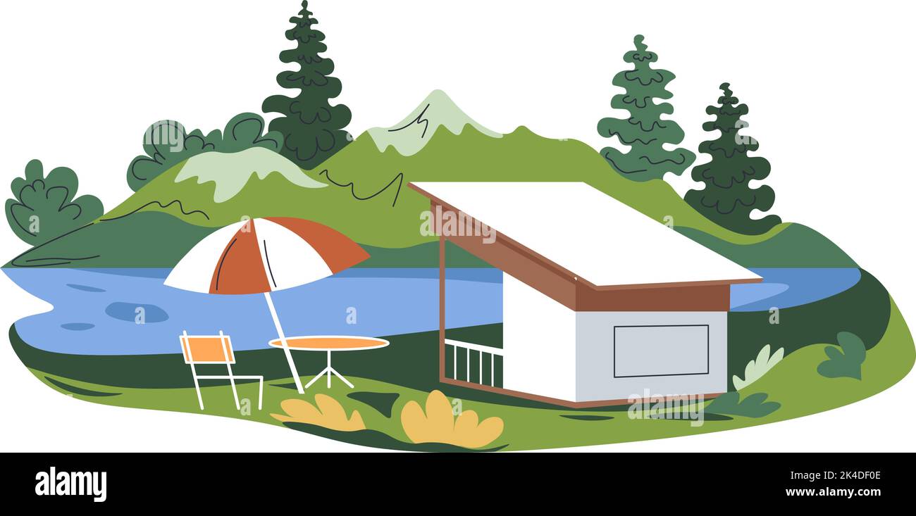 Ecological resort for rest, building by river Stock Vector