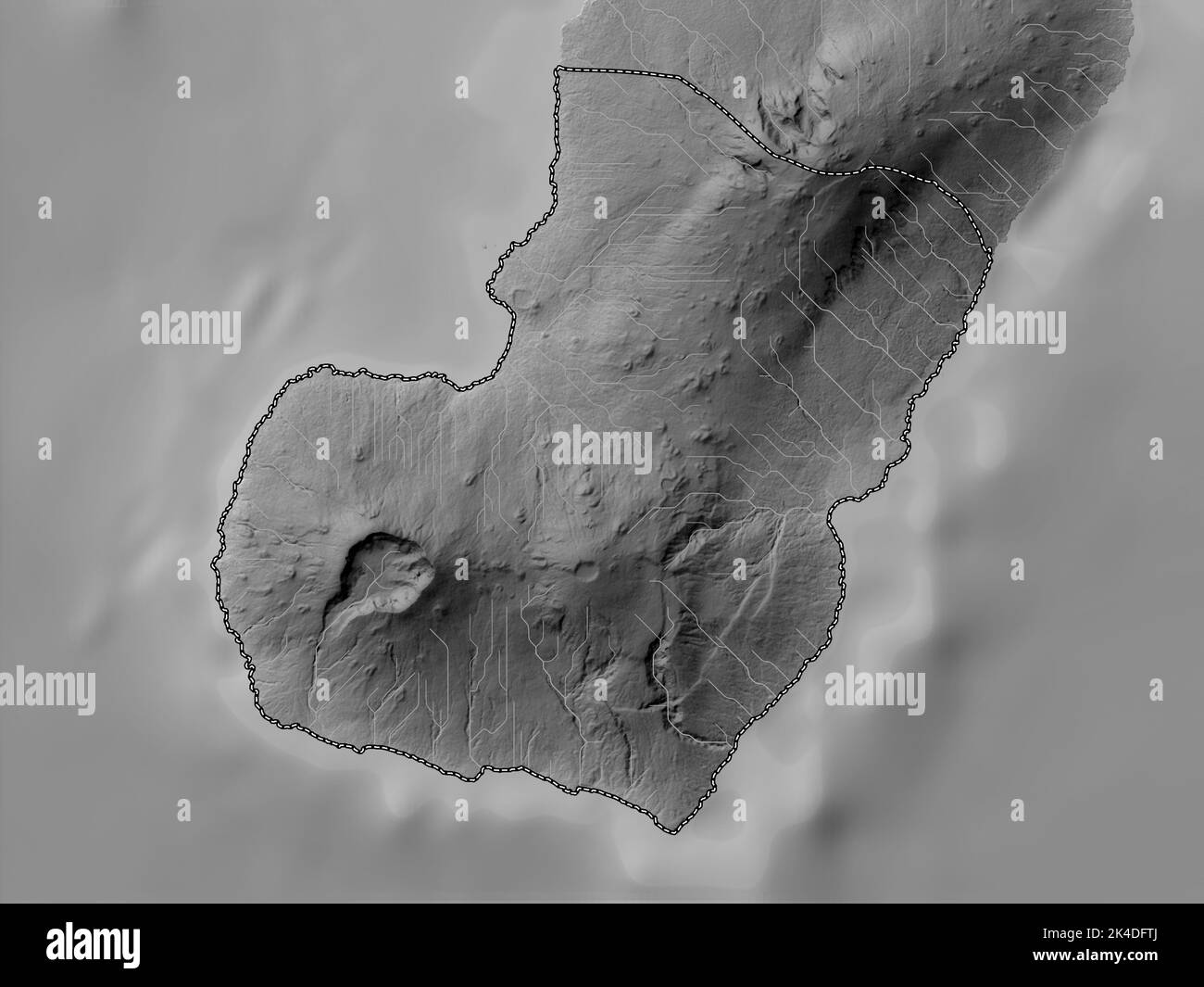 Bioko Sur, province of Equatorial Guinea. Grayscale elevation map with lakes and rivers Stock Photo