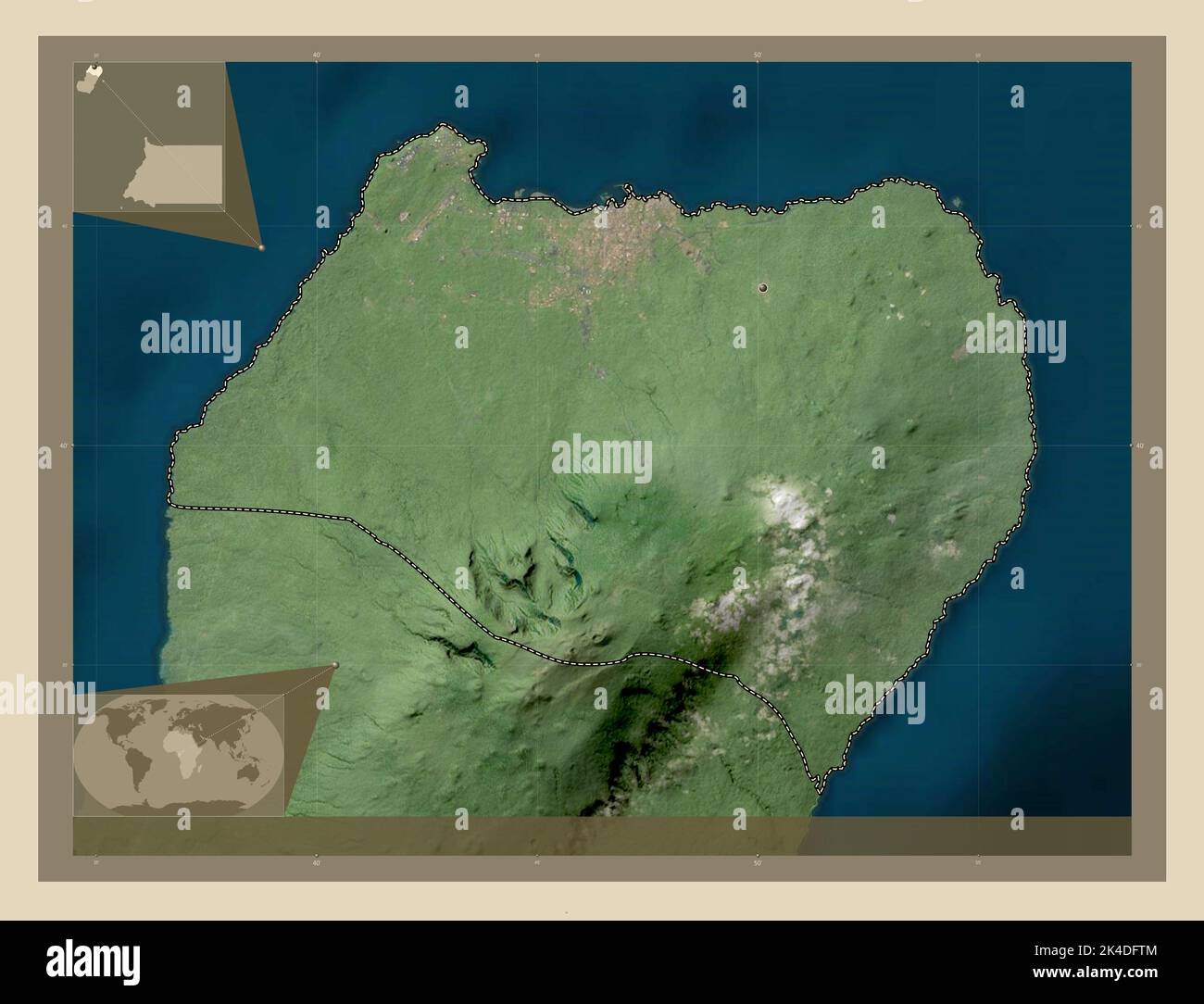 Bioko Norte, province of Equatorial Guinea. High resolution satellite map. Corner auxiliary location maps Stock Photo