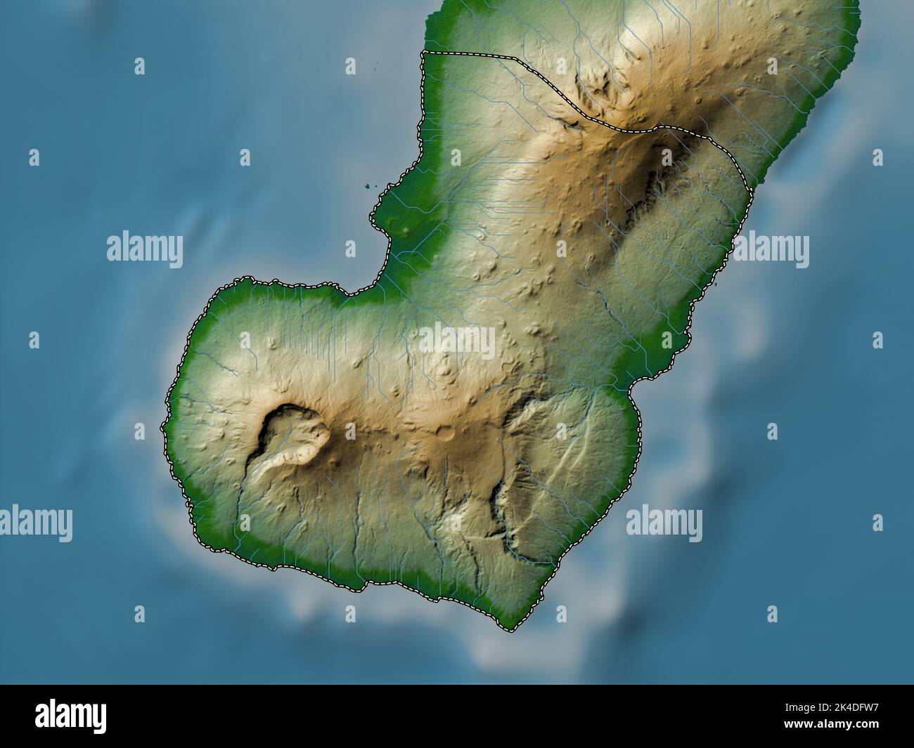 Bioko Sur, province of Equatorial Guinea. Colored elevation map with lakes and rivers Stock Photo