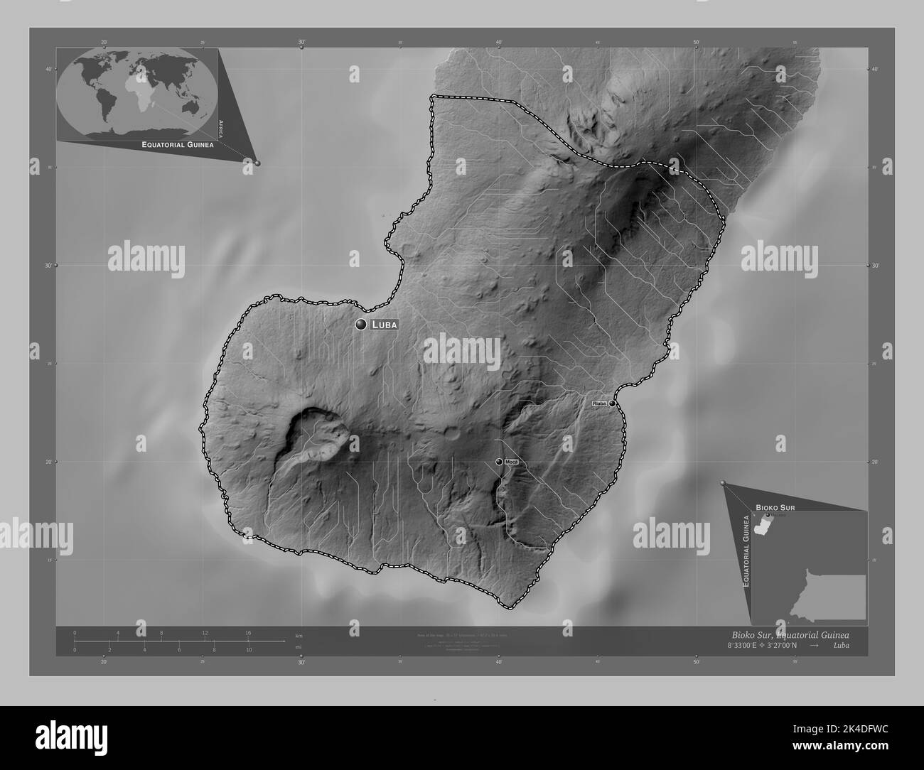 Bioko Sur, province of Equatorial Guinea. Grayscale elevation map with lakes and rivers. Locations and names of major cities of the region. Corner aux Stock Photo