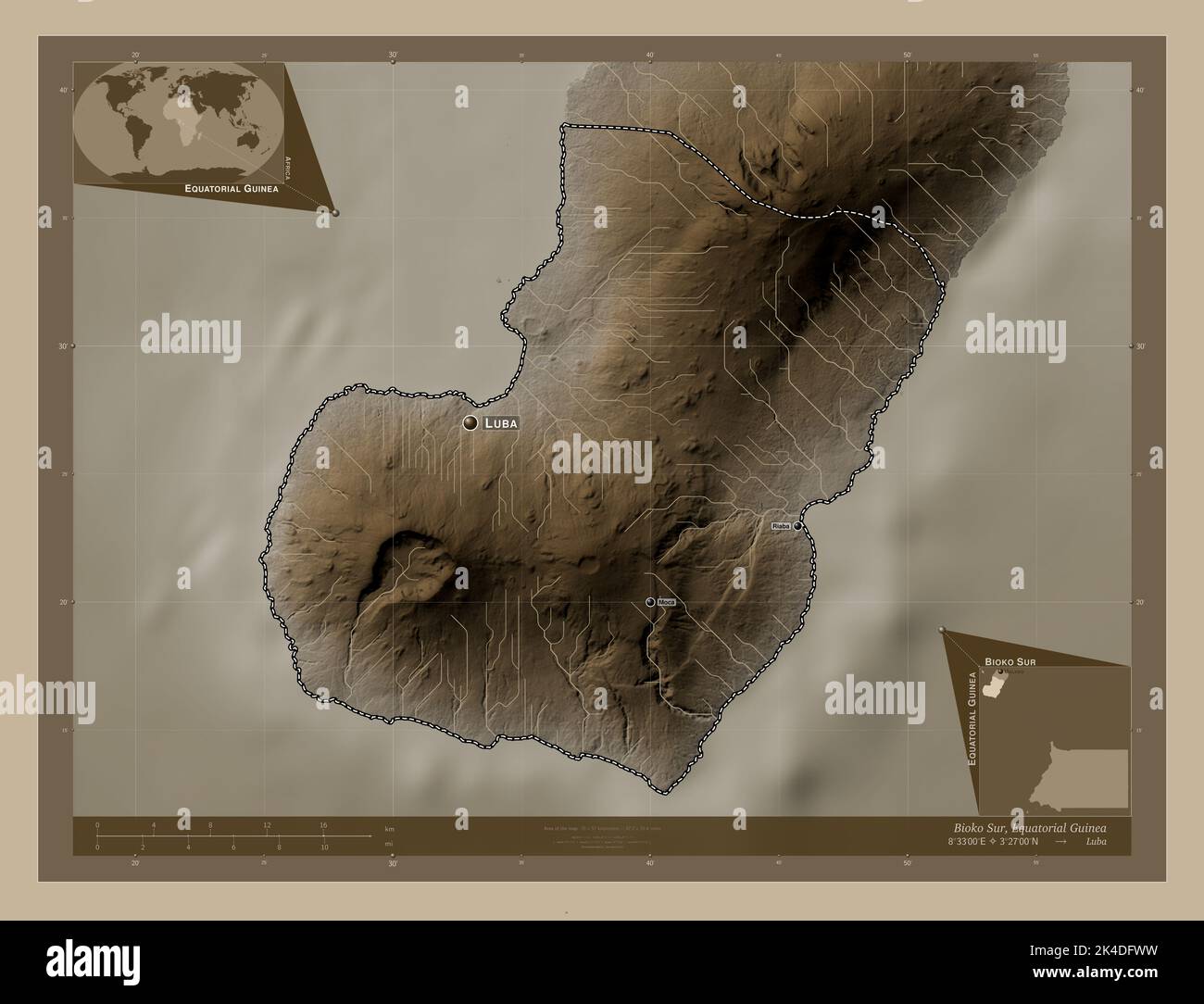 Bioko Sur, province of Equatorial Guinea. Elevation map colored in sepia tones with lakes and rivers. Locations and names of major cities of the regio Stock Photo