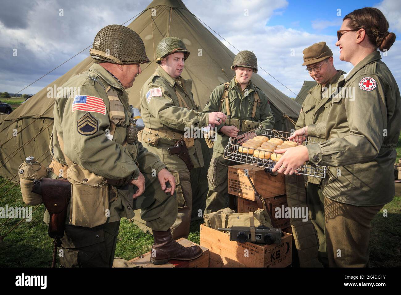Langar, Nottinghamshire  UK. 1st October  2022. Service members from living history group 2nd armoured in Europe take part in the unveiling of new memorial at Langar airfield remembering American service personal who lost their lives in. Operation Market Garden   Picture Credit: Tim Scrivener/Alamy Live News Stock Photo