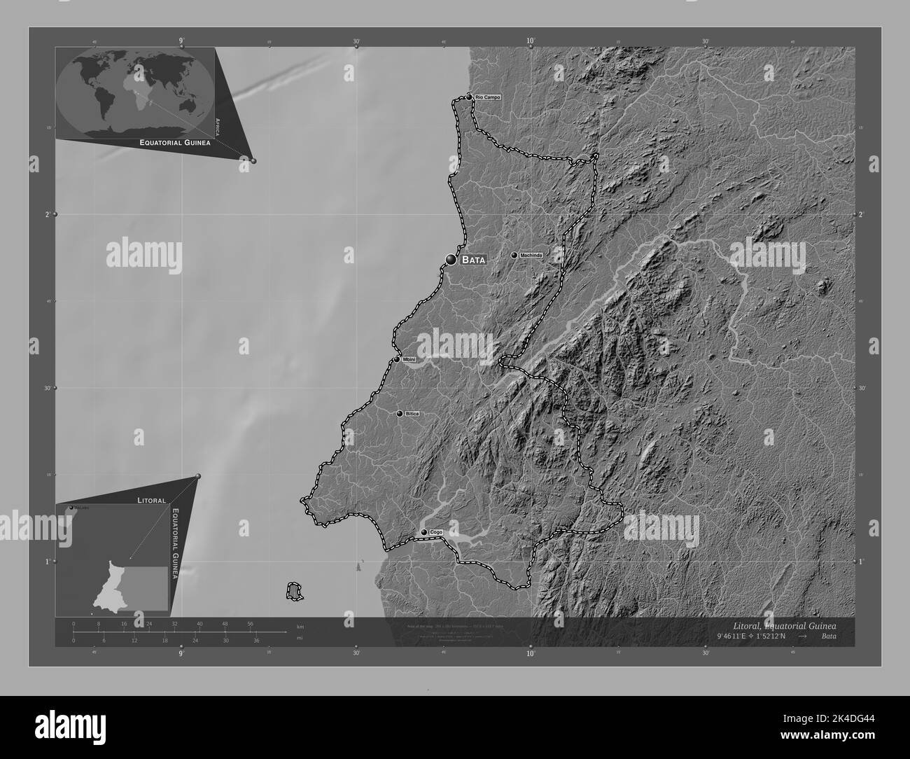 Litoral, province of Equatorial Guinea. Bilevel elevation map with ...