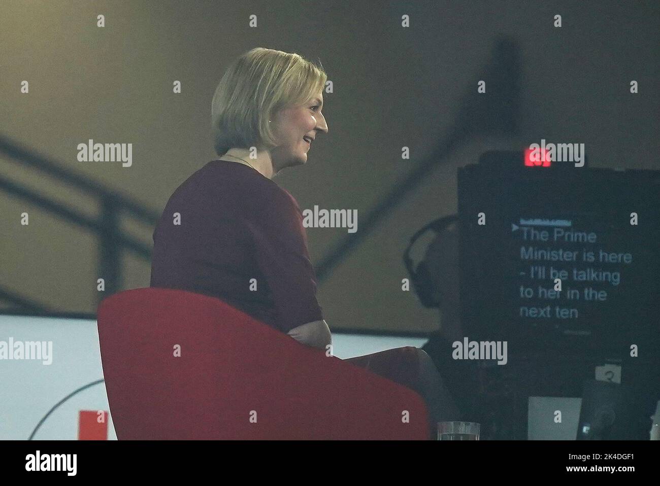 Prime Minister Liz Truss in the BBC studio in Birmingham to appear on the BBC1 current affairs programme, Sunday with Laura Kuenssberg, as the Conservative Party annual conference gets underway at the International Convention Centre in Birmingham. Picture date: Sunday October 2, 2022. Stock Photo
