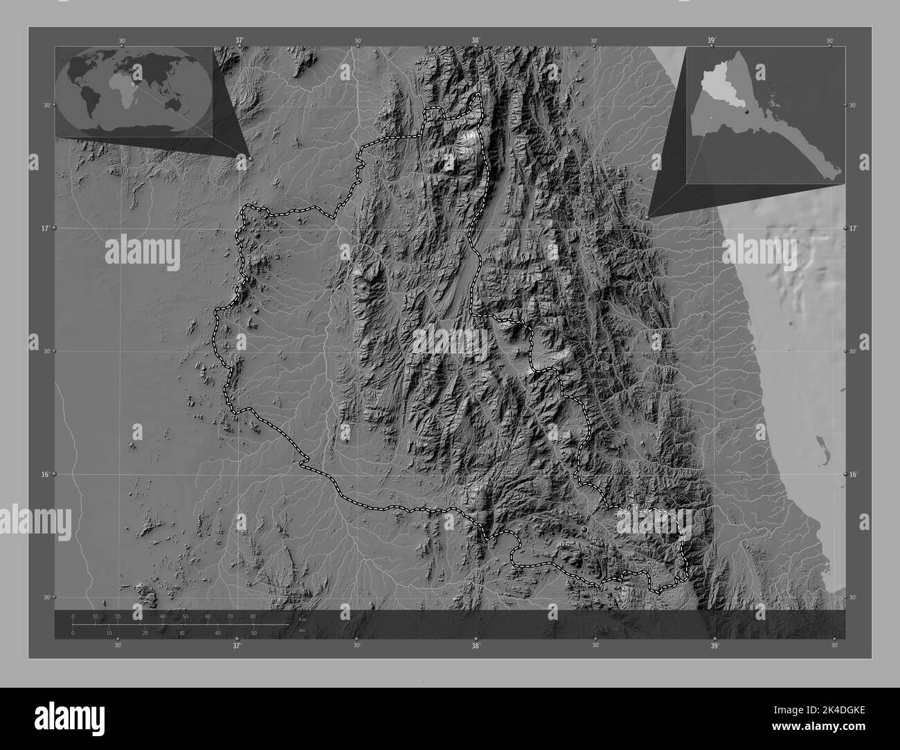 Anseba, region of Eritrea. Bilevel elevation map with lakes and rivers