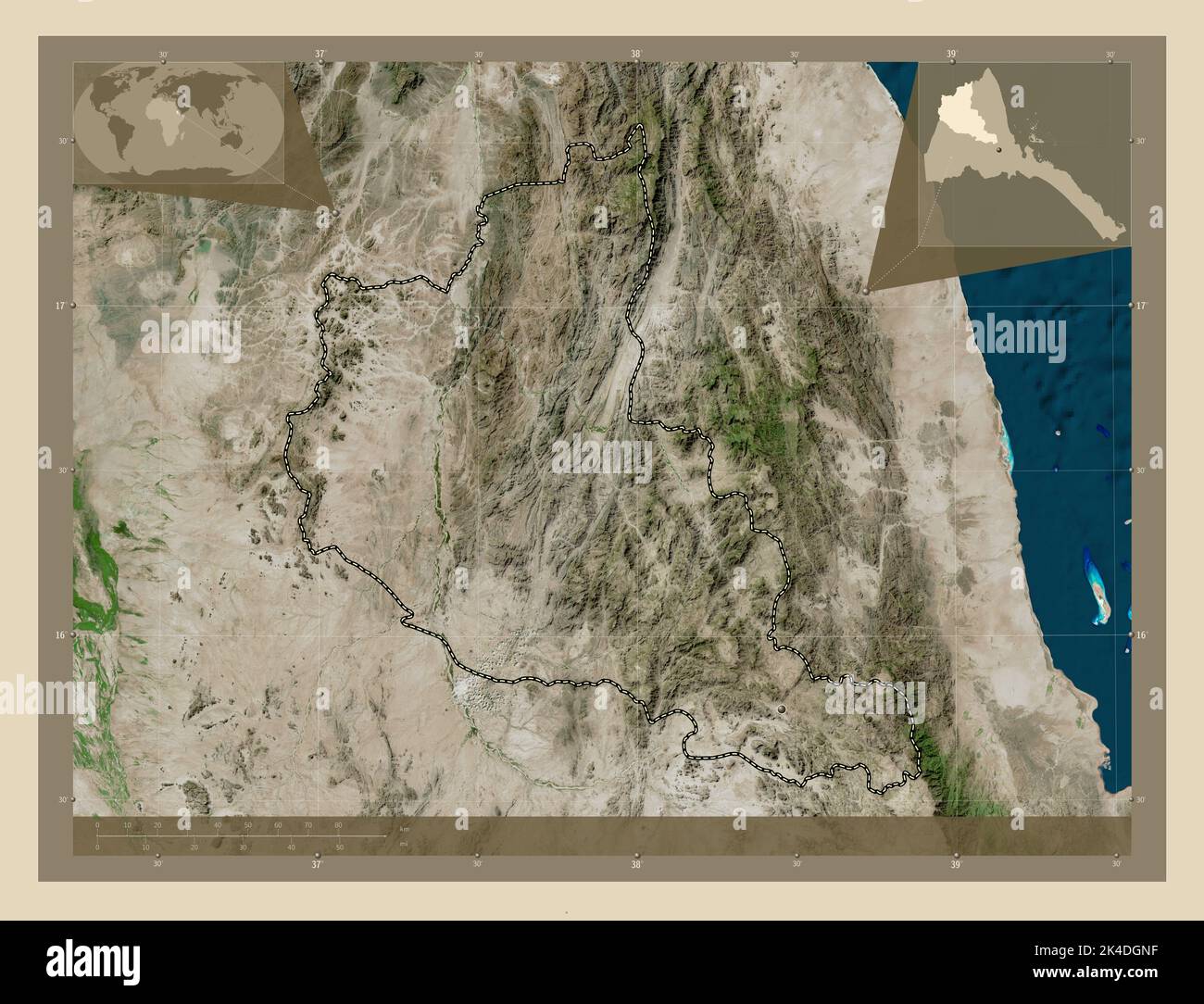Anseba, region of Eritrea. High resolution satellite map. Corner ...