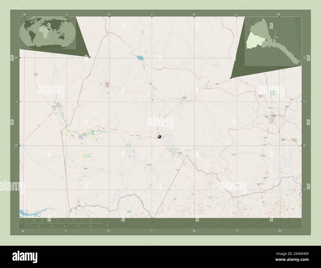 Gash Barka, region of Eritrea. Open Street Map. Corner auxiliary location maps Stock Photo