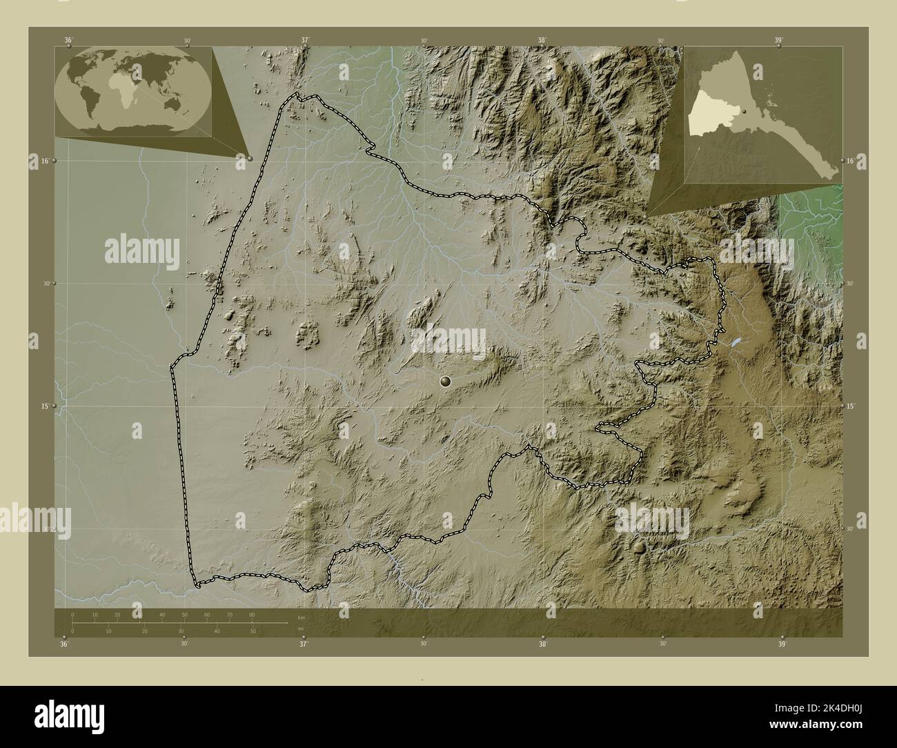 Gash Barka, region of Eritrea. Elevation map colored in wiki style with lakes and rivers. Corner auxiliary location maps Stock Photo