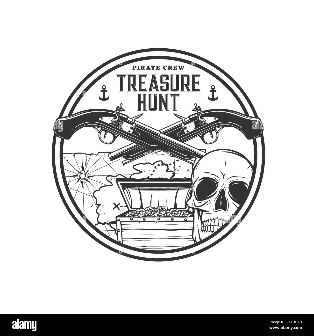 Pirate treasure hunting icon. Human skull, old chest with golden coins