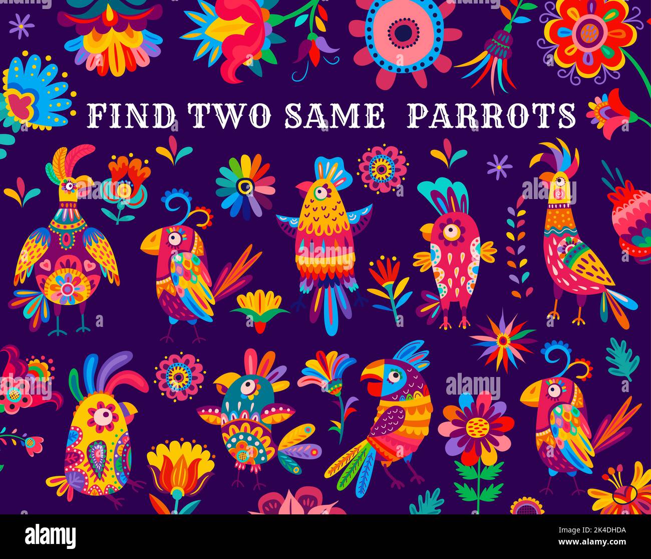 Find two same brazilian parrots kids game worksheet. Vector puzzle quiz or matching riddle of cartoon tropical jungle parrot birds and exotic flowers with bright color feathers and ethnic ornaments Stock Vector