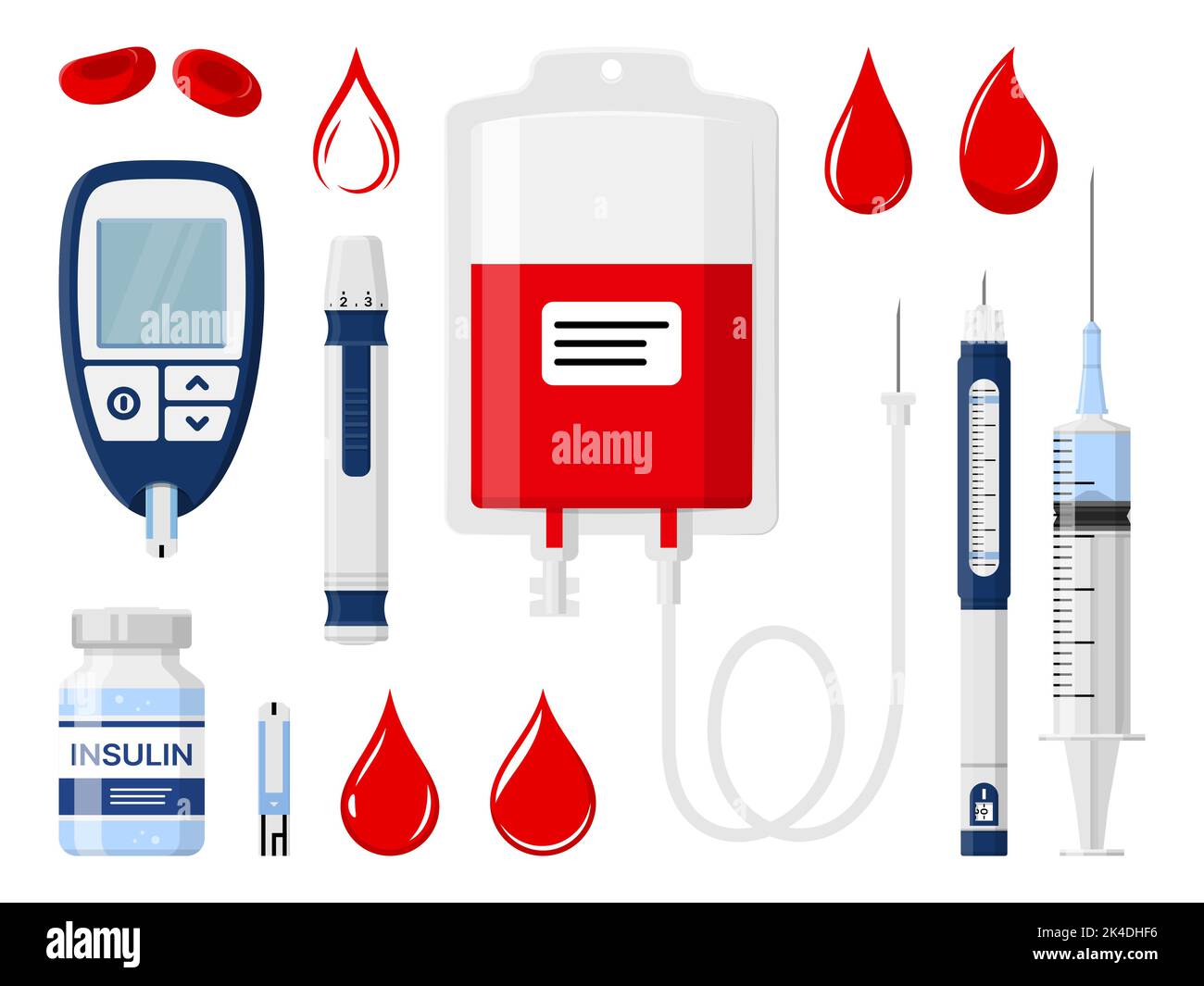 Diabetes, blood donation and insulin injection, vector medical icons