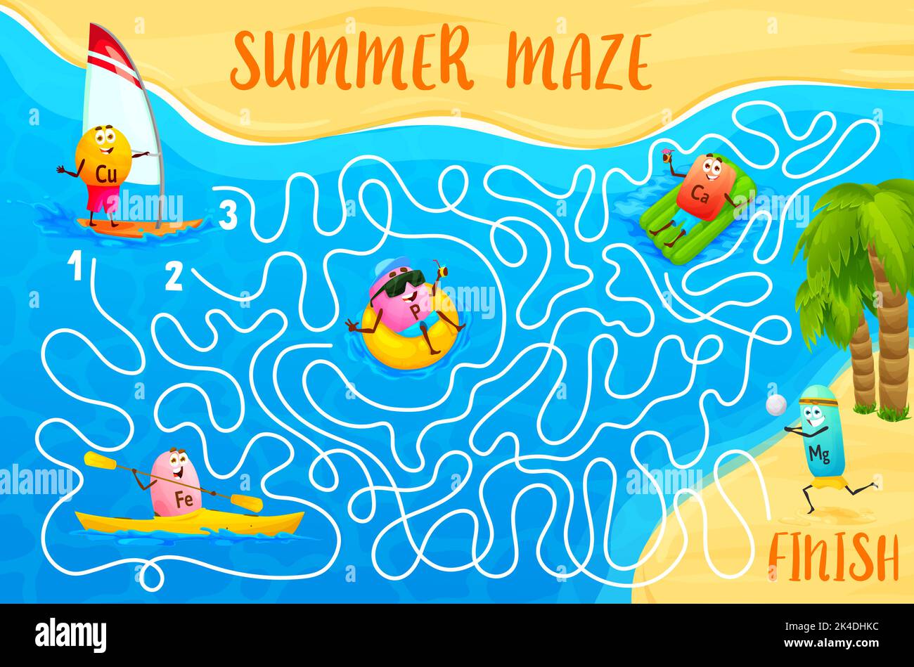 Labyrinth maze. Cartoon vitamin and mineral characters on beach vacation kids game worksheet. Vector puzzle quiz, find way maze with food supplement pills swimming, playing ball, riding boat, sailboat Stock Vector