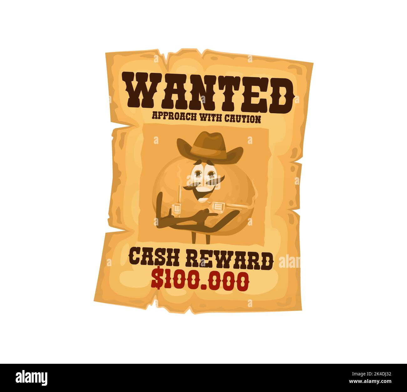 Vintage western wanted poster, orange robber character. Isolated vector wild west criminal citrus fruit bandit with guns and cowboy hat. Cash reward paper parchment, outlaw personage banner Stock Vector