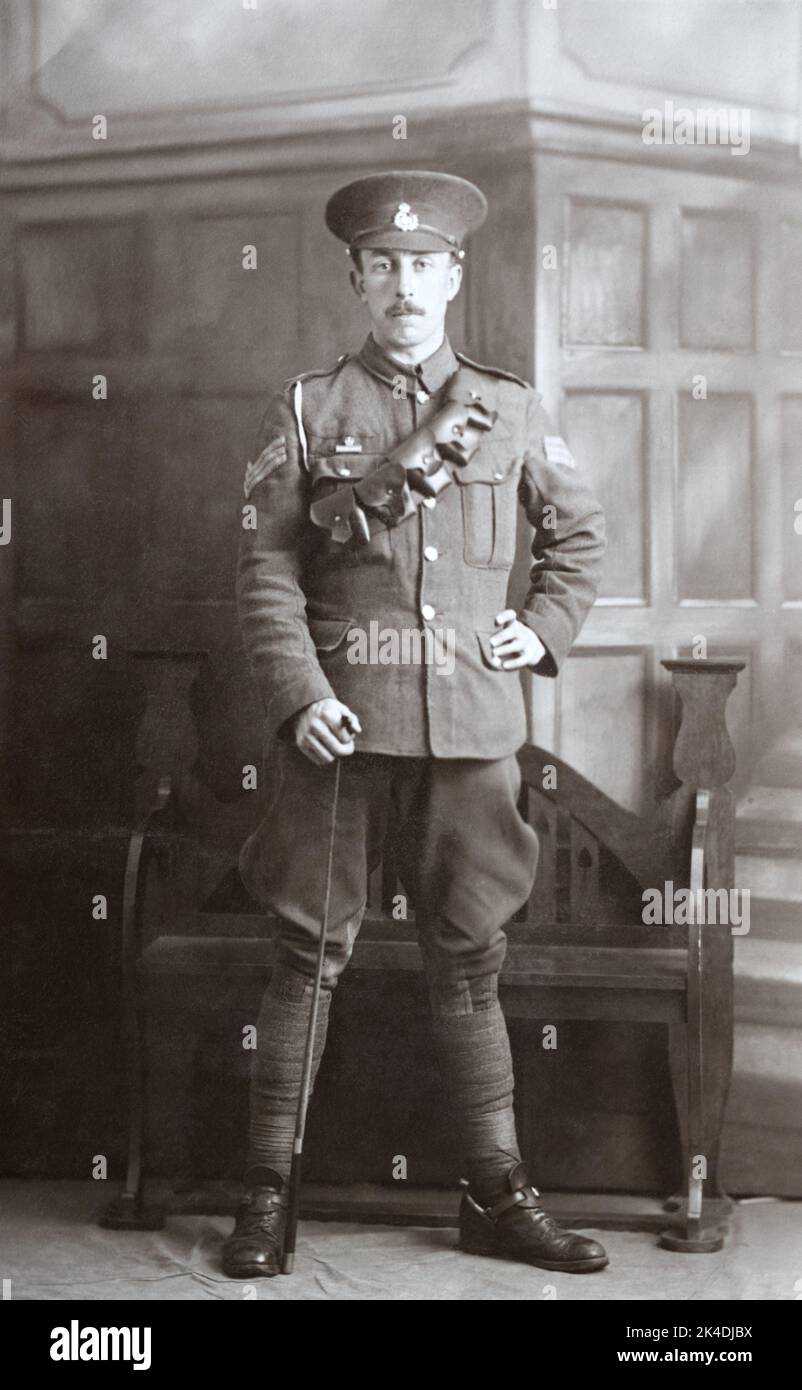 A First World War British soldier, a Sergeant in the East Lancashire Regiment, wearing a Territorial Force Imperial Service Badge. Stock Photo